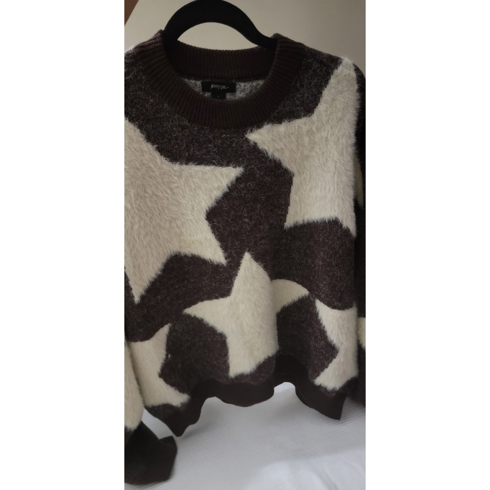 Nasty Gal Oversized Star Print Fuzzy Knit Sweater Brown Cream Large - Picture 3 of 5